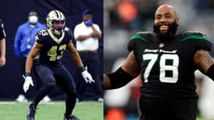 兩名NFL美式足球員在場上比賽，一人奔跑，一人微笑 — 美式足球 壁紙