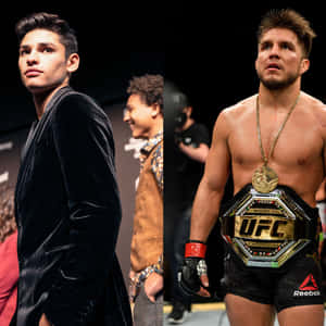 兩名男性UFC拳手，一人身穿黑色天鵝絨外套，另一人腰間繫著冠軍腰帶，頸上有血。 — 終極格鬥冠軍賽 壁紙