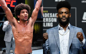 兩名男性UFC拳手，一名在八角籠中獲勝，另一名穿著西裝擺姿勢。 — 終極格鬥冠軍賽 壁紙