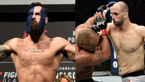 兩名男性MMA拳手，一名塗有藍色面部彩繪擺姿勢，另一名在八角籠內戰鬥。 — 終極格鬥冠軍賽 壁紙
