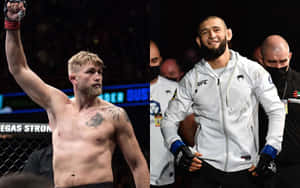 兩名男性MMA拳手，一名在八角籠內慶祝勝利，另一名穿著白色連帽衫微笑。 — 終極格鬥冠軍賽 壁紙