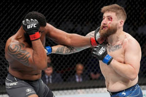 兩名男性MMA拳手在八角籠中互相出拳，可見鮮血和刺青。 — 終極格鬥冠軍賽 壁紙