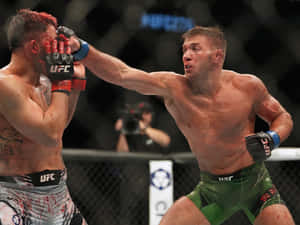 兩名男性拳手在UFC鐵籠中於一場血腥戰鬥中交換強力一拳。 — 4:3 壁紙