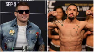 兩名男性UFC拳手在稱重活動中，一人戴太陽眼鏡和穿牛仔外套，另一人赤裸上身繃緊肌肉。 — 運動 壁紙