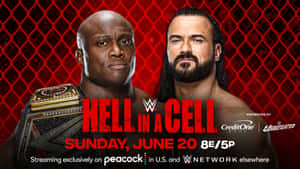 WWE摔角手在Hell in a Cell活動中對峙，帶有冠軍腰帶和廣播資訊。 — 摔角 壁紙