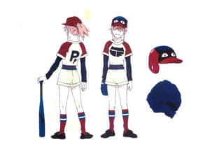 兩名動漫棒球運動員身穿制服，在白色背景上配備裝備