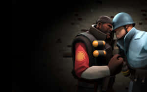兩名動畫士兵身穿戰鬥裝備，在昏暗的房間中對峙。 — Tf2 壁紙