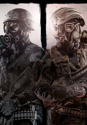 兩名武裝士兵戴著防毒面具和戰鬥裝備站在戰區。 — 電玩遊戲 GIF 壁紙