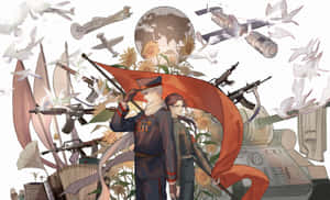 兩名士兵在戰爭裝備和白鴿圍繞地球飛翔中手持紅旗。 — 動漫愛情 GIF 壁紙