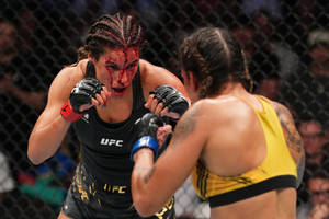 兩名女性MMA拳手在籠中比賽，其中一名拳手臉上帶血。 — 運動 壁紙