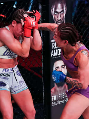 籠中的兩名女性MMA拳手，一名防守，另一名進攻。 — 終極格鬥冠軍賽 壁紙