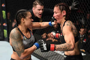 兩名女性MMA拳手在UFC比賽中於八角籠內互換拳擊。 — 終極格鬥冠軍賽 壁紙