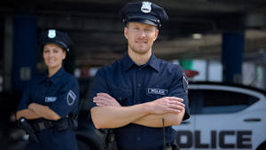 兩名警察微笑交叉雙臂站在警車前。 — 汽車 壁紙