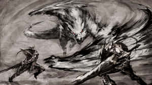 兩名戰士與一隻巨大的狼怪物戰鬥的動態黑白墨水畫。 — 魔物獵人 壁紙