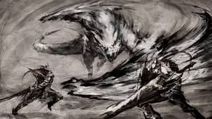 兩名戰士在黑暗的黑白插圖中與一隻紅眼巨狼戰鬥。 — 魔物獵人 壁紙