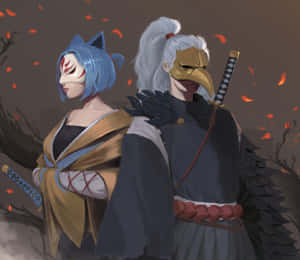 兩名戴面具的動漫武士戰士手持劍，站在黑暗的秋林中。 — 日式龍 壁紙