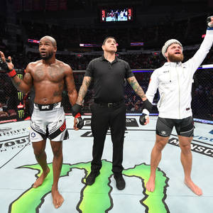 兩名MMA拳手和裁判在UFC八角籠內比賽後，一人舉起手臂。 — 運動 壁紙