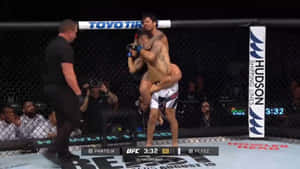 兩名MMA拳手在UFC比賽中於八角籠內進行纏抱。 — 午夜 壁紙