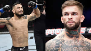 兩名有刺青的男性UFC拳手在八角籠中慶祝勝利 — 高對比 壁紙