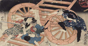 在傳統日本木版畫中，武士在木製手推車上戰鬥。 — 日式審美桌面 壁紙