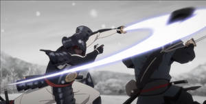 兩名身穿鎧甲的武士在雪山景觀中用發光的劍決鬥。 — 混沌武士 壁紙