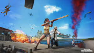 兩名玩家在PUBG battle royale中在爆炸中衝過碼頭，降落傘落下。 — iMac 壁紙