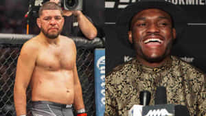 兩名男性MMA拳手，一名在八角籠中，另一名在記者會上微笑。 — 終極格鬥冠軍賽 壁紙