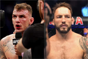 兩名男性MMA拳手在賽後採訪中，一人滿臉是血，另一人有刺青。 — 運動 壁紙