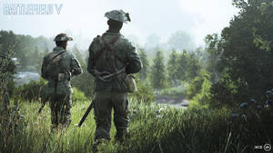 兩名穿著二戰軍服的士兵站在高草叢中，眺望森林山谷。 — 森林 壁紙