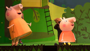 兩名穿著Peppa Pig服裝的演員在兒童劇院舞台上。 — 可愛的馬 壁紙
