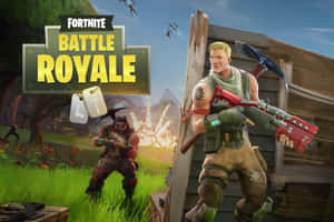 穿著戰鬥裝備的 Fortnite Battle Royale 角色在草地上，背景有爆炸和滑翔機。 — MacBook Air 15 壁紙