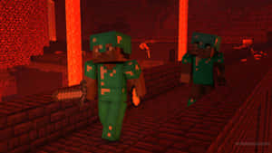 兩名穿著綠色盔甲的Minecraft角色走過一座有熔岩的紅色地獄堡壘。 — 我的世界 鑽石 壁紙
