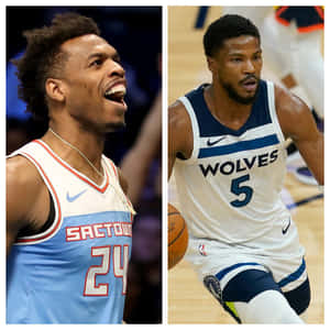兩名NBA籃球運動員在比賽中，一人笑，一人運球。 — 運動 壁紙