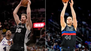 兩名籃球運動員在比賽中投籃，背景有觀眾。 — NBA 壁紙