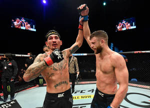 兩名MMA拳手在UFC八角籠內舉手慶祝勝利。 — 終極格鬥冠軍賽 壁紙