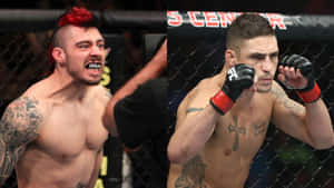 八角籠中兩名男性MMA拳手，一人紅髮尖叫，另一人戴手套專注。 — 運動 壁紙