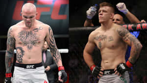 兩名身穿UFC裝備的男性MMA拳手，一名低頭被打敗，另一名拿著水瓶抬頭勝利。 — 終極格鬥冠軍賽 壁紙