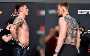 兩名赤裸上身的MMA拳手，帶有精細紋身，在稱重時為相機擺姿勢。 — 運動 壁紙