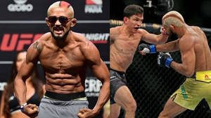 兩名MMA拳手在八角籠中，一人慶祝勝利，另一人揮拳。 — 終極格鬥冠軍賽 壁紙