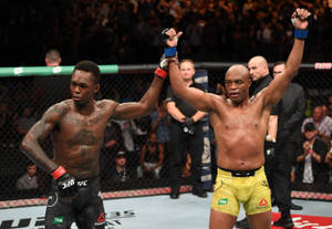 兩名MMA拳手在八角籠內高舉雙臂慶祝勝利，觀眾歡呼。 — 以色列·阿德桑亞 壁紙