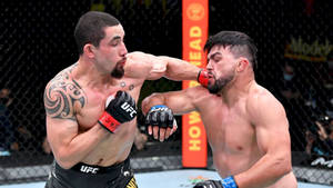 兩名MMA拳手在UFC比賽期間於八角籠內互相出拳。 — 1600x900 壁紙