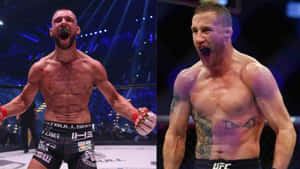 兩名勝利的MMA拳手在競技場燈光下的八角籠中慶祝。 — 終極格鬥冠軍賽 壁紙