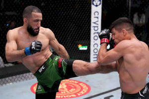 兩名男性MMA拳手在八角籠中，在UFC比賽中交換高踢和阻擋。 — 終極格鬥冠軍賽 壁紙