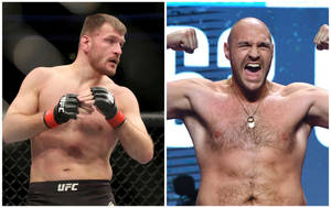 兩名男性MMA拳手在UFC八角籠中，一名正在準備，另一名慶祝勝利。 — 運動 壁紙
