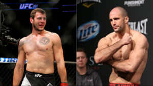 兩名赤裸上身的MMA拳手在明亮的燈光下於UFC八角籠內擺姿勢。 — 克雷多斯 壁紙