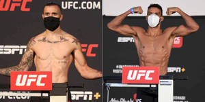 兩名赤裸上身的UFC拳手在稱重活動中展示肌肉，戴著口罩。 — 運動 壁紙