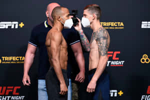 兩名戴著口罩的UFC拳手在稱重活動中面對面站立。 — 運動 壁紙