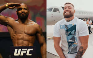 兩名UFC拳手，一人敬禮，另一人在私人飛機附近微笑。 — 終極格鬥冠軍賽 壁紙