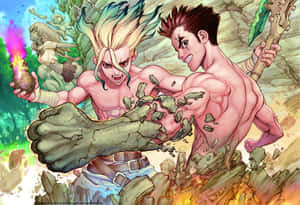 兩名動漫戰士在叢林中用石頭和發光斧頭戰鬥。 — Dr.STONE 新石紀 壁紙
