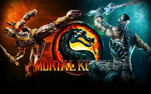 兩名 Mortal Kombat 戰士以火和冰對抗龍標誌。 — 真人快打 蠍子 vs 零度 壁紙